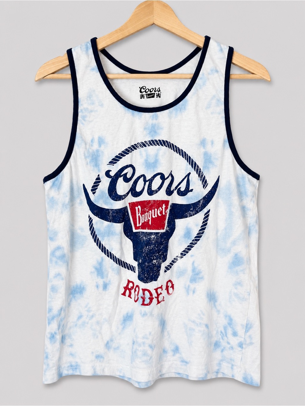 Coors Banquet Rodeo Tie-Dye Graphic Tank Top Blue White Western Beer Tank
